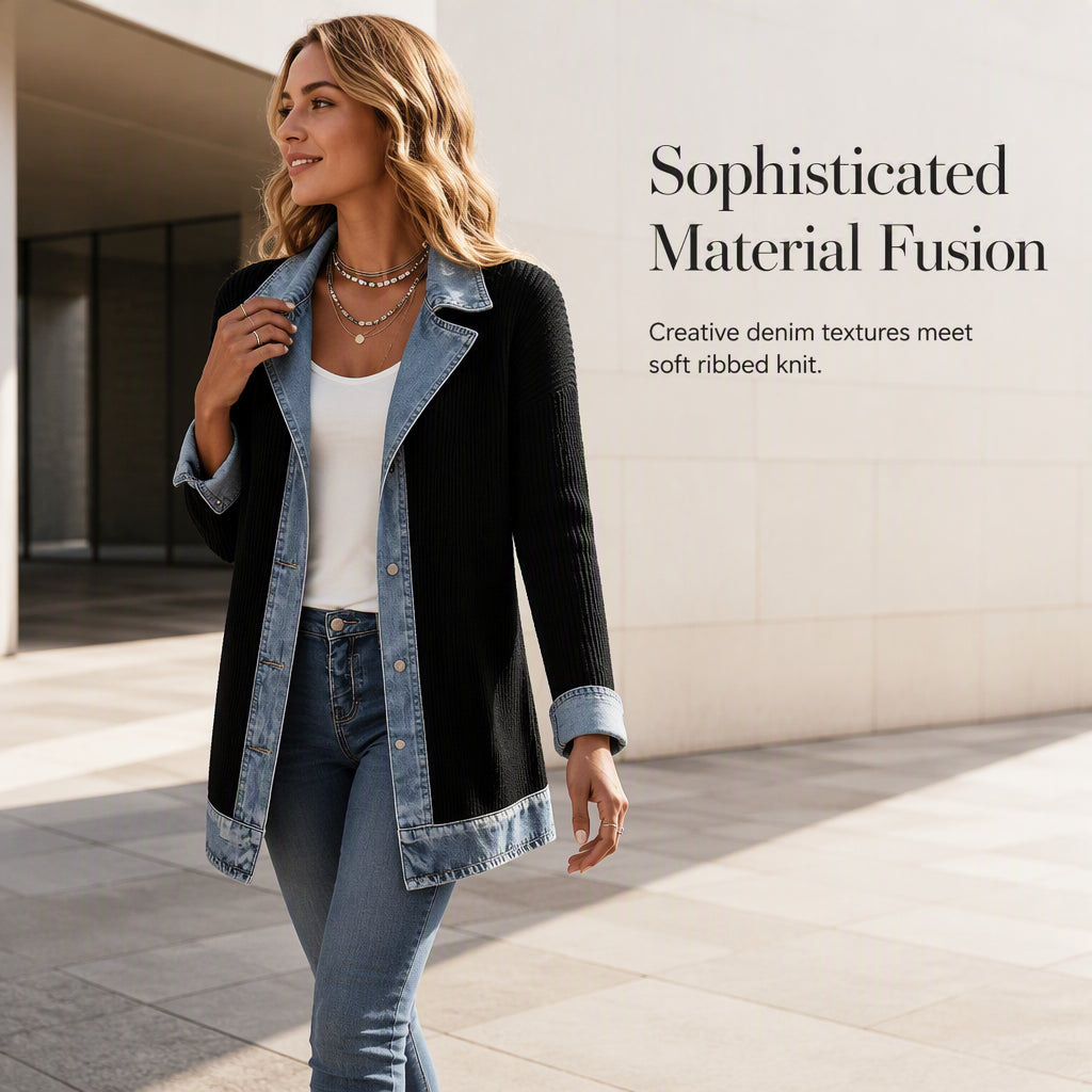 🏆LAST DAY-50% OFF🔥Women’s Elegant Denim Spliced Ribbed Knit Coat