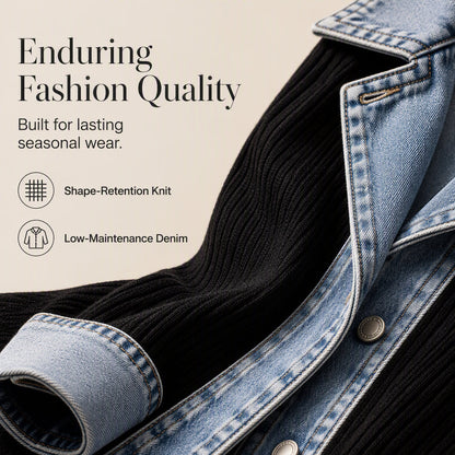 🏆LAST DAY-50% OFF🔥Women’s Elegant Denim Spliced Ribbed Knit Coat