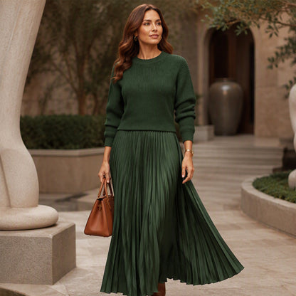 🌸LAST DAY-50% OFF!!💃Effortless Elegance | Women's Pleated Round-Neck Maxi Dress