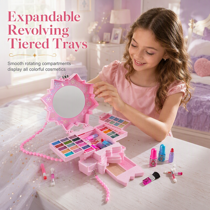 🎅Gift Idea-50% OFF!💄Washable Kids Princess Makeup Toy Set – Safe Non-Irritating Formula, Expandable Revolving Trays & Portable Shoulder Handbag Case🎀