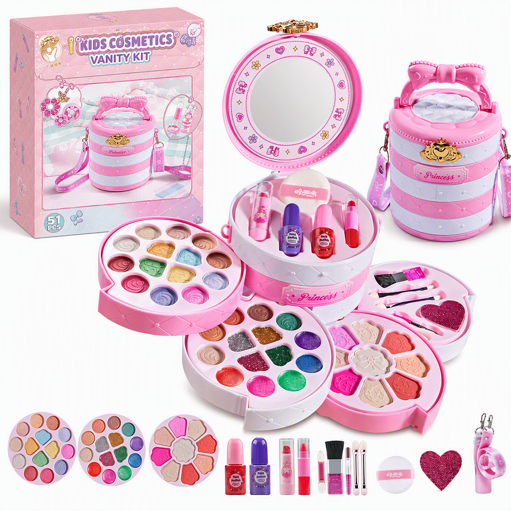 🎅Gift Idea-50% OFF!💄Washable Kids Princess Makeup Toy Set – Safe Non-Irritating Formula, Expandable Revolving Trays & Portable Shoulder Handbag Case🎀