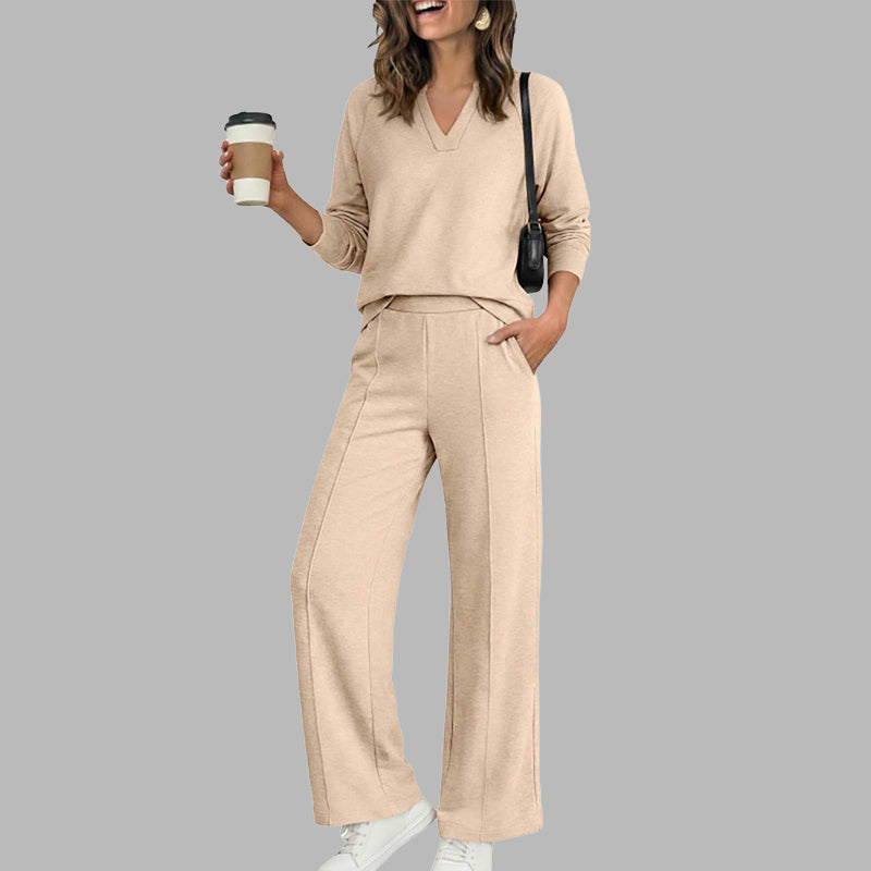 🌹LIMITED-TIME 70% OFF! 🌹Women's 2 Piece Outfits V Neck Lounge Set | Raglan Long Sleeve Top & Wide Leg Pants