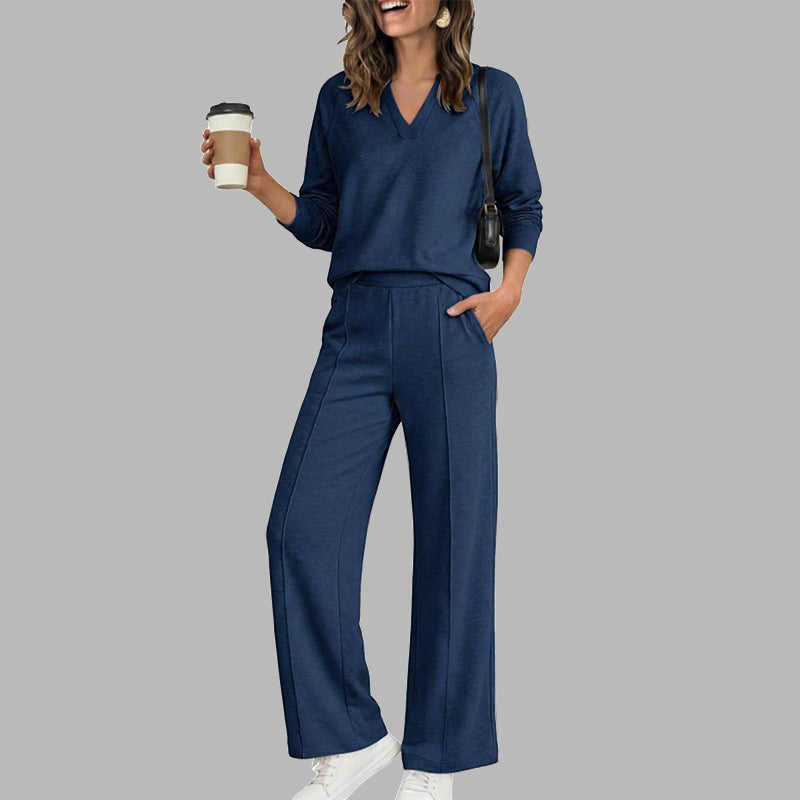 🌹LIMITED-TIME 70% OFF! 🌹Women's 2 Piece Outfits V Neck Lounge Set | Raglan Long Sleeve Top & Wide Leg Pants