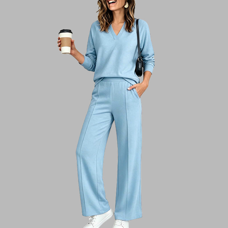 🌹LIMITED-TIME 70% OFF! 🌹Women's 2 Piece Outfits V Neck Lounge Set | Raglan Long Sleeve Top & Wide Leg Pants
