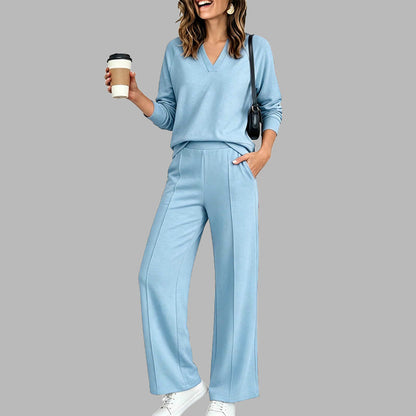 🌹LIMITED-TIME 70% OFF! 🌹Women's 2 Piece Outfits V Neck Lounge Set | Raglan Long Sleeve Top & Wide Leg Pants