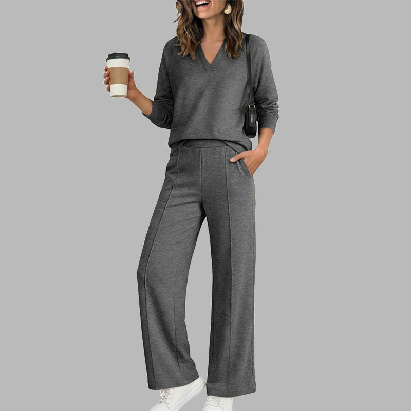🌹LIMITED-TIME 70% OFF! 🌹Women's 2 Piece Outfits V Neck Lounge Set | Raglan Long Sleeve Top & Wide Leg Pants