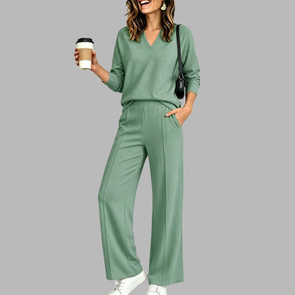 🌹LIMITED-TIME 70% OFF! 🌹Women's 2 Piece Outfits V Neck Lounge Set | Raglan Long Sleeve Top & Wide Leg Pants