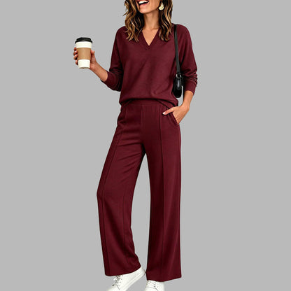 🌹LIMITED-TIME 70% OFF! 🌹Women's 2 Piece Outfits V Neck Lounge Set | Raglan Long Sleeve Top & Wide Leg Pants