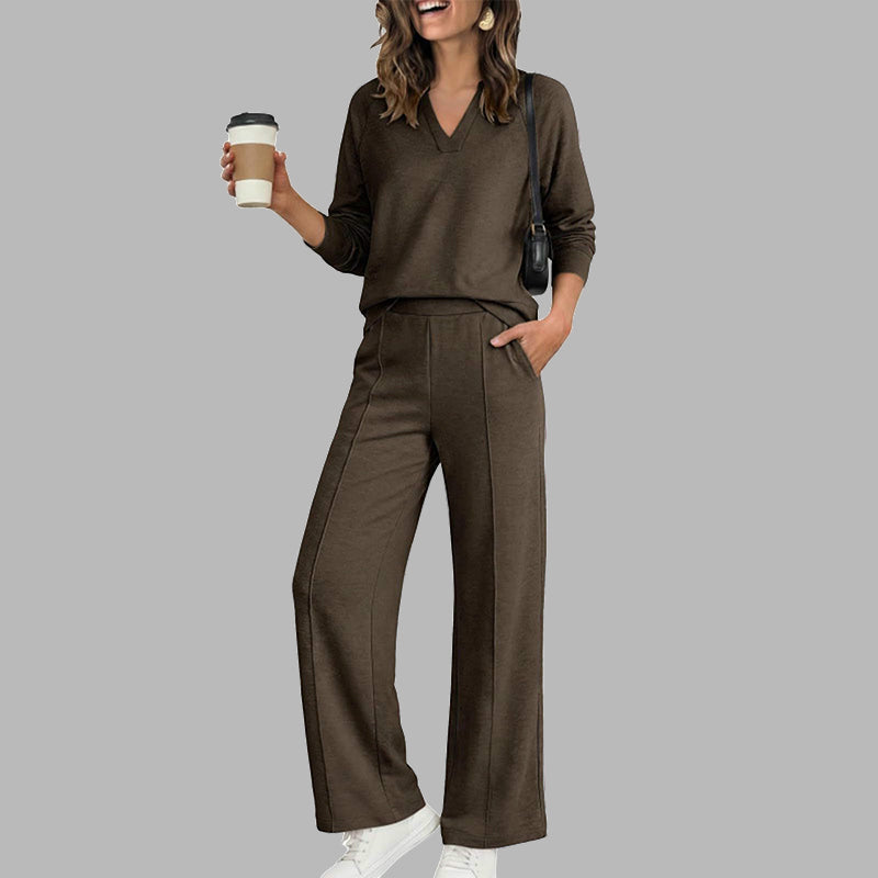 🌹LIMITED-TIME 70% OFF! 🌹Women's 2 Piece Outfits V Neck Lounge Set | Raglan Long Sleeve Top & Wide Leg Pants