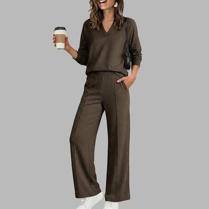 🌹LIMITED-TIME 70% OFF! 🌹Women's 2 Piece Outfits V Neck Lounge Set | Raglan Long Sleeve Top & Wide Leg Pants