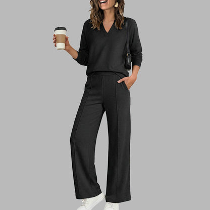 🌹LIMITED-TIME 70% OFF! 🌹Women's 2 Piece Outfits V Neck Lounge Set | Raglan Long Sleeve Top & Wide Leg Pants