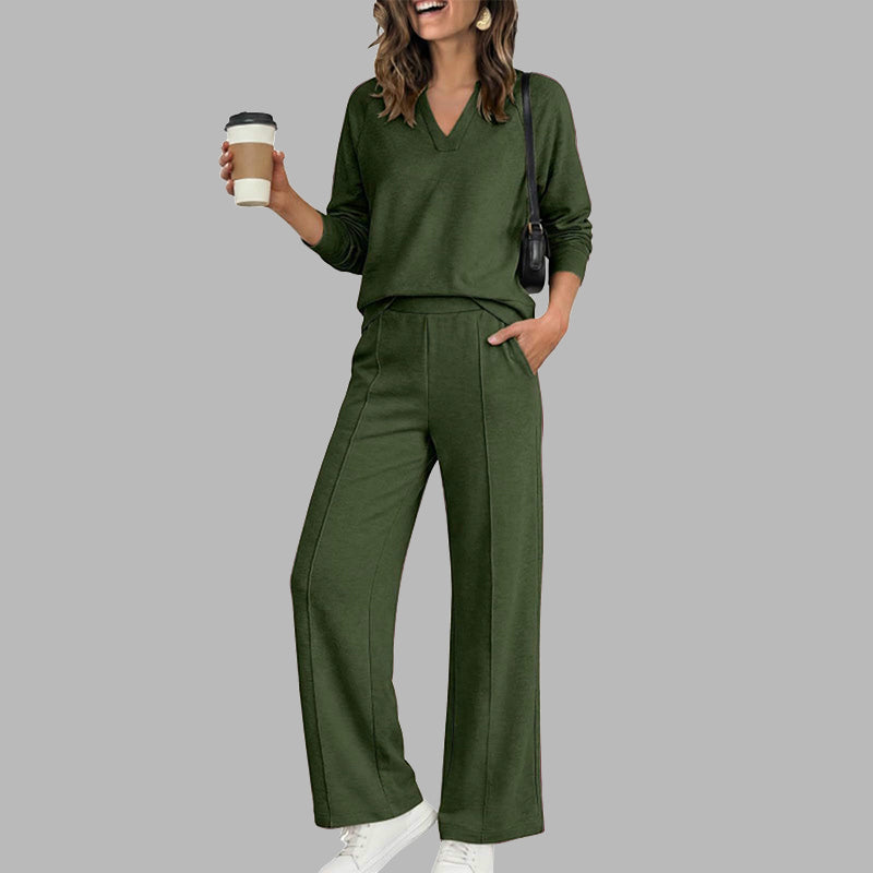🌹LIMITED-TIME 70% OFF! 🌹Women's 2 Piece Outfits V Neck Lounge Set | Raglan Long Sleeve Top & Wide Leg Pants