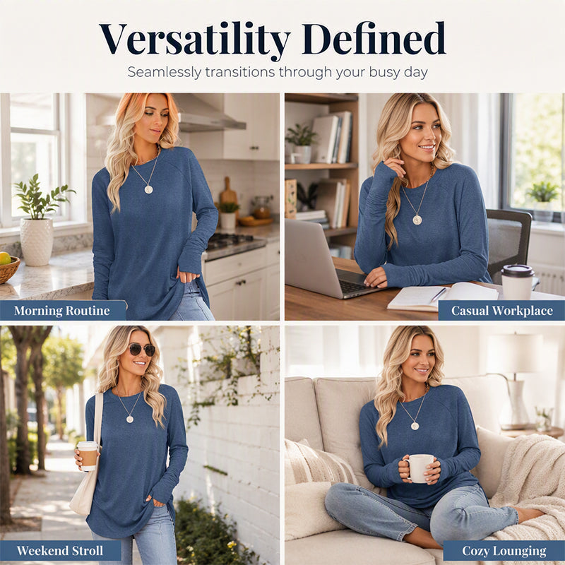 ✨Best Seller-50% OFF💐Women's Casual Crewneck Long Sleeve Top With Thumb Holes and Curved Hem