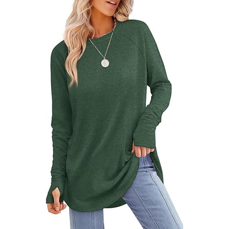 ✨Best Seller-50% OFF💐Women's Casual Crewneck Long Sleeve Top With Thumb Holes and Curved Hem
