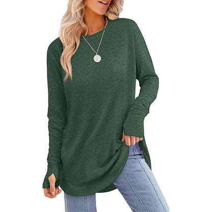 ✨Best Seller-50% OFF💐Women's Casual Crewneck Long Sleeve Top With Thumb Holes and Curved Hem