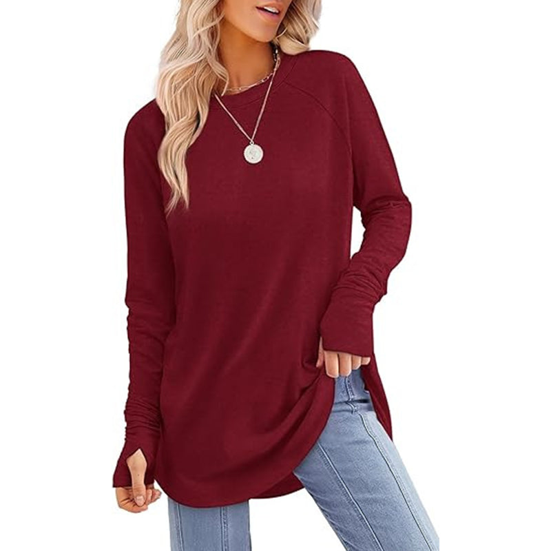 ✨Best Seller-50% OFF💐Women's Casual Crewneck Long Sleeve Top With Thumb Holes and Curved Hem