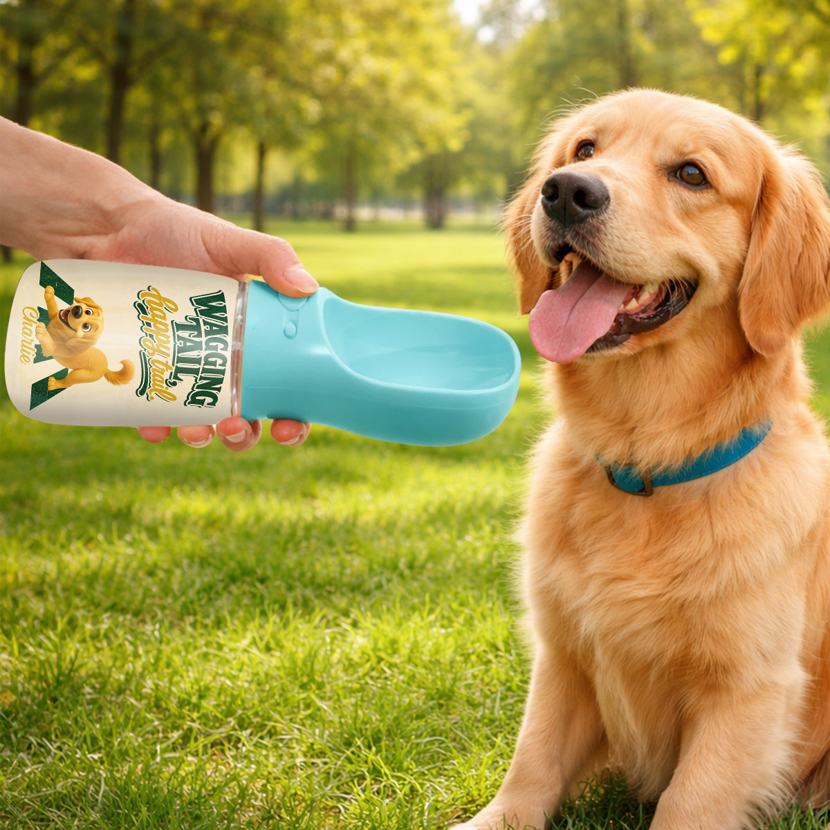 Wagging Tail Happy Trail - Personalized Pet Water Bottle With Drinking Feeder