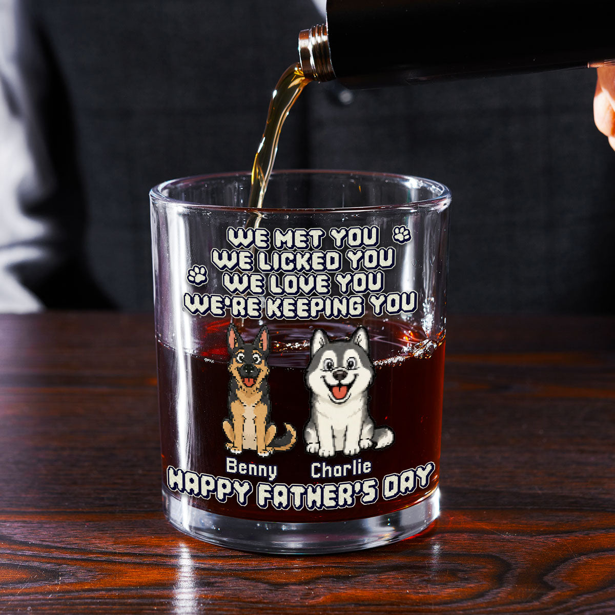 Pixel Dog Sitting Woof Dad - Personalized Whiskey Glass