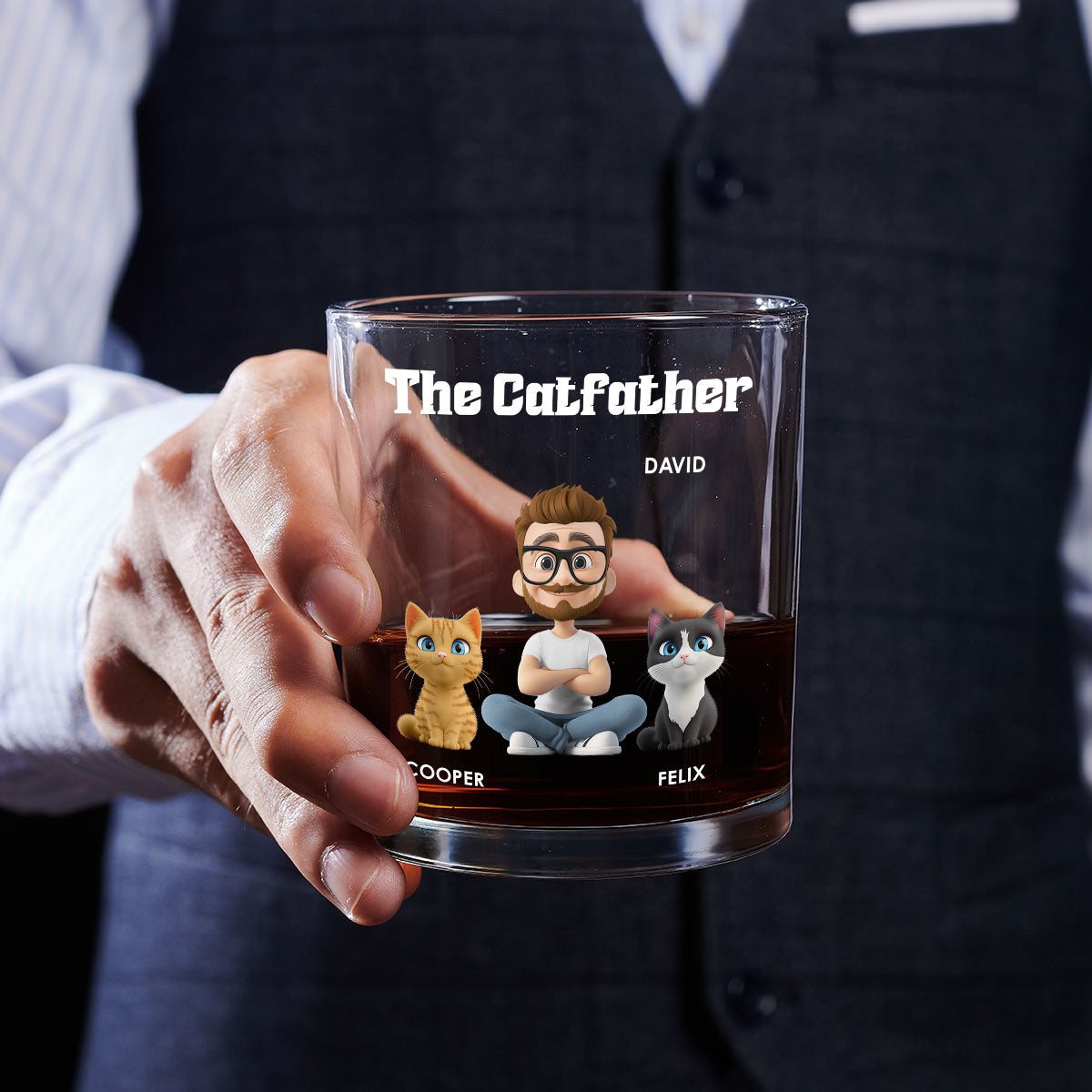 The Catfather Cartoon - Personalized Whiskey Glass