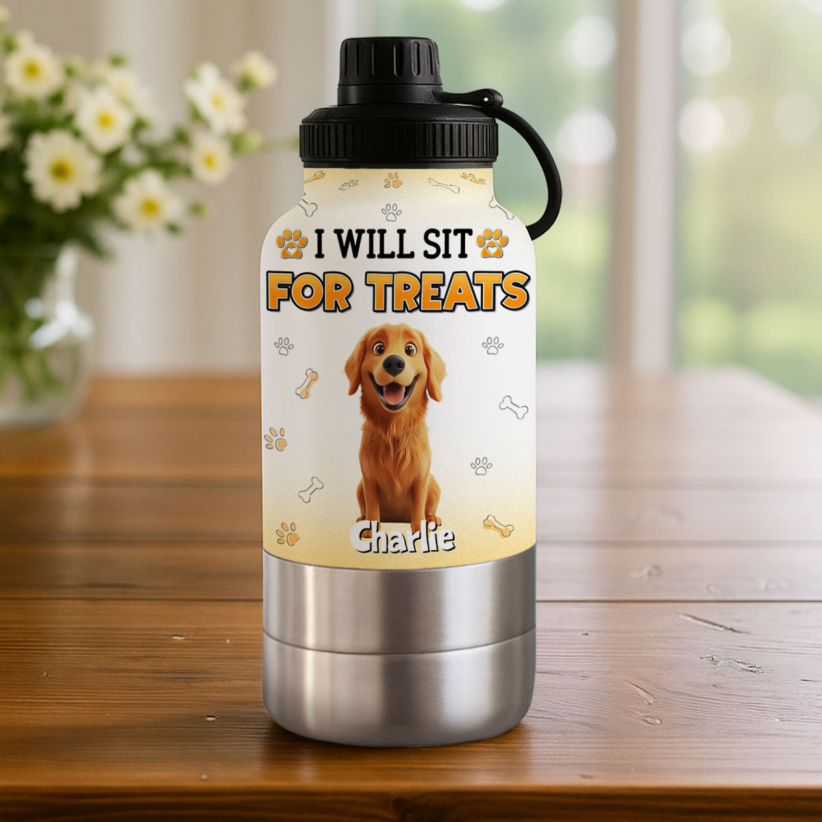 Will Sit For Treats - Personalized 30oz Water Bottle With Pet Bowl