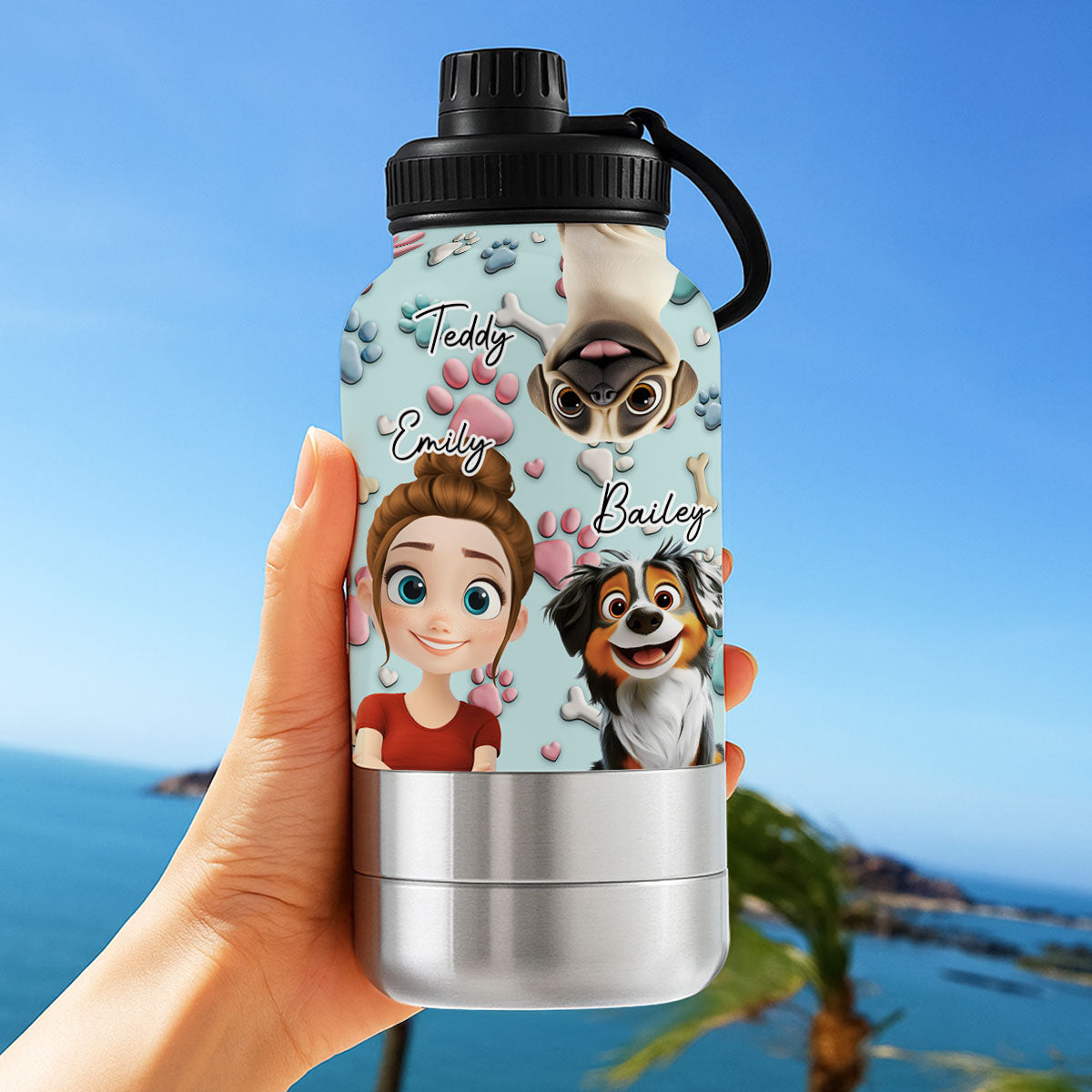 Dog And Human Cartoon - Personalized 30oz Water Bottle With Pet Bowl
