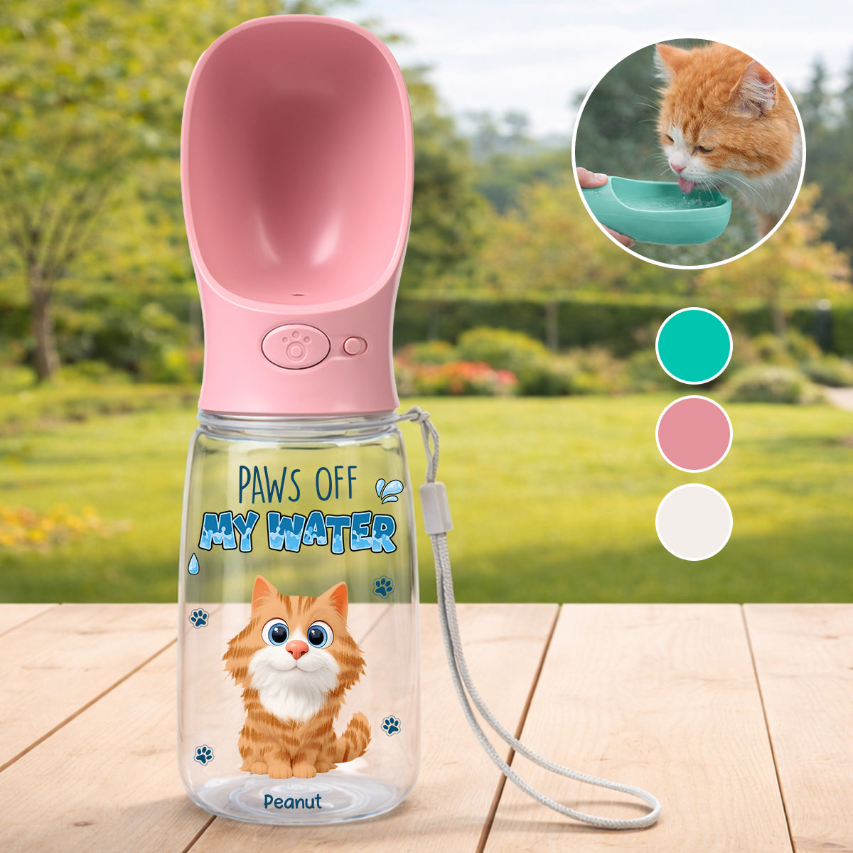 Paws Off My Water Ver Cat - Personalized Pet Water Bottle With Drinking Feeder
