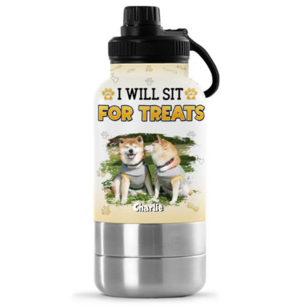 Will Sit For Treats Photo - Personalized 30oz Water Bottle With Pet Bowl