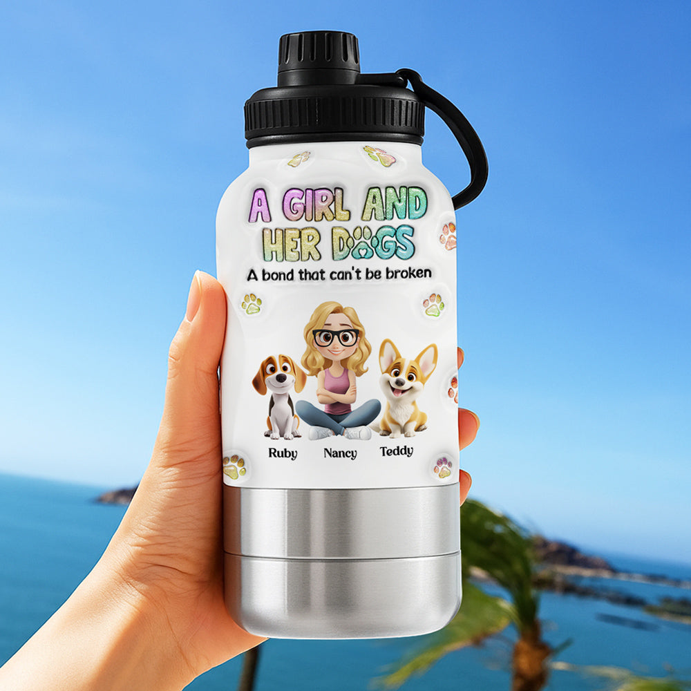 A Girl And Her Dog - Personalized 3D Inflated Effect 30oz Water Bottle With Pet Bowl